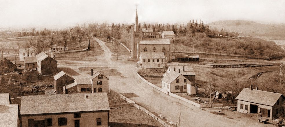 1886 image of Old Center, North Andover, with North Parish's 5th Meeting House at the crossroads