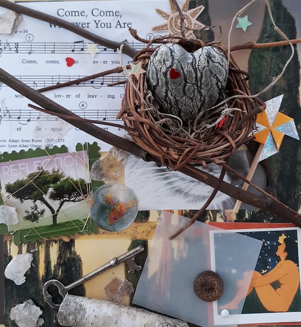 Collage of symbols from nature, music, heart - our diversity