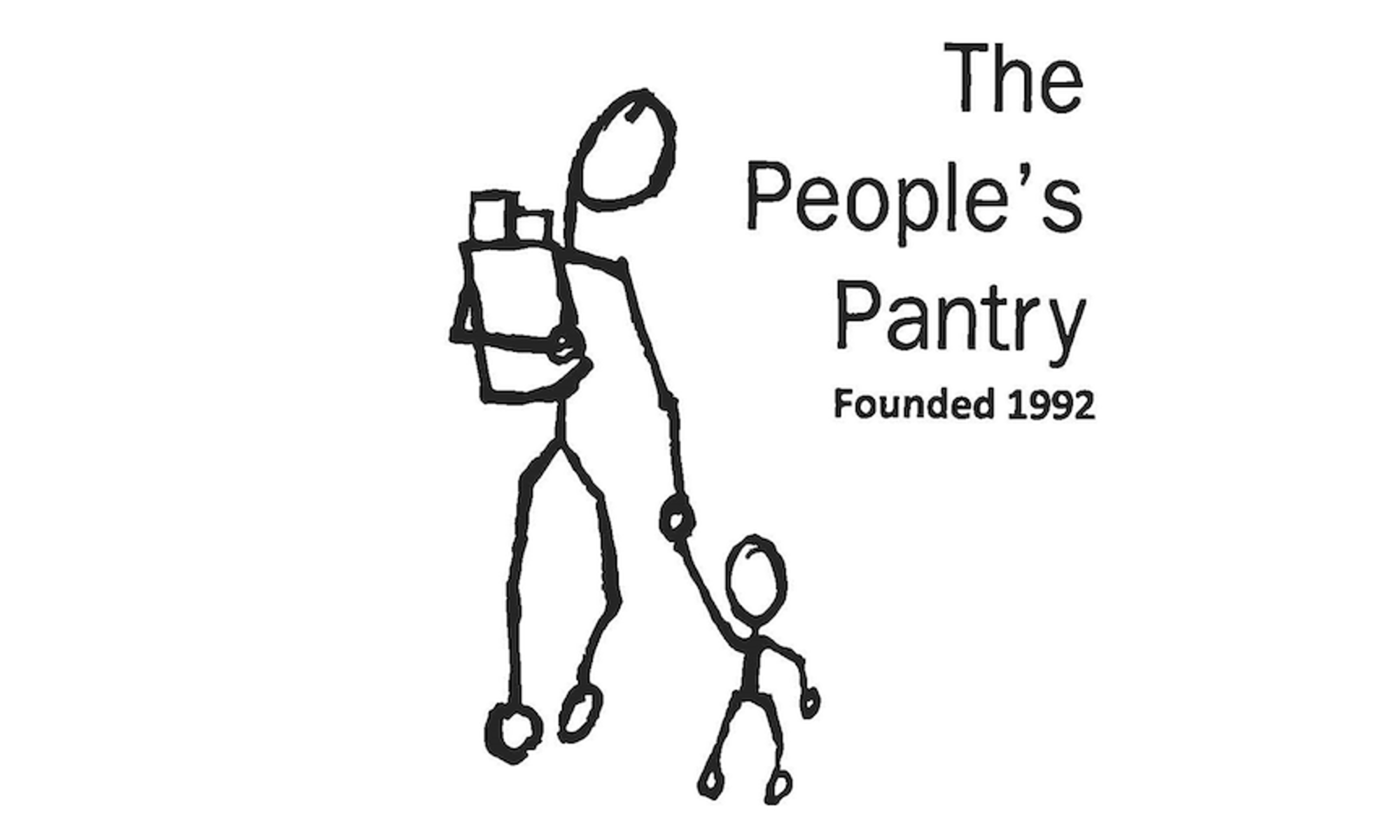 Stick figure of adult holding groceries and a child's hand