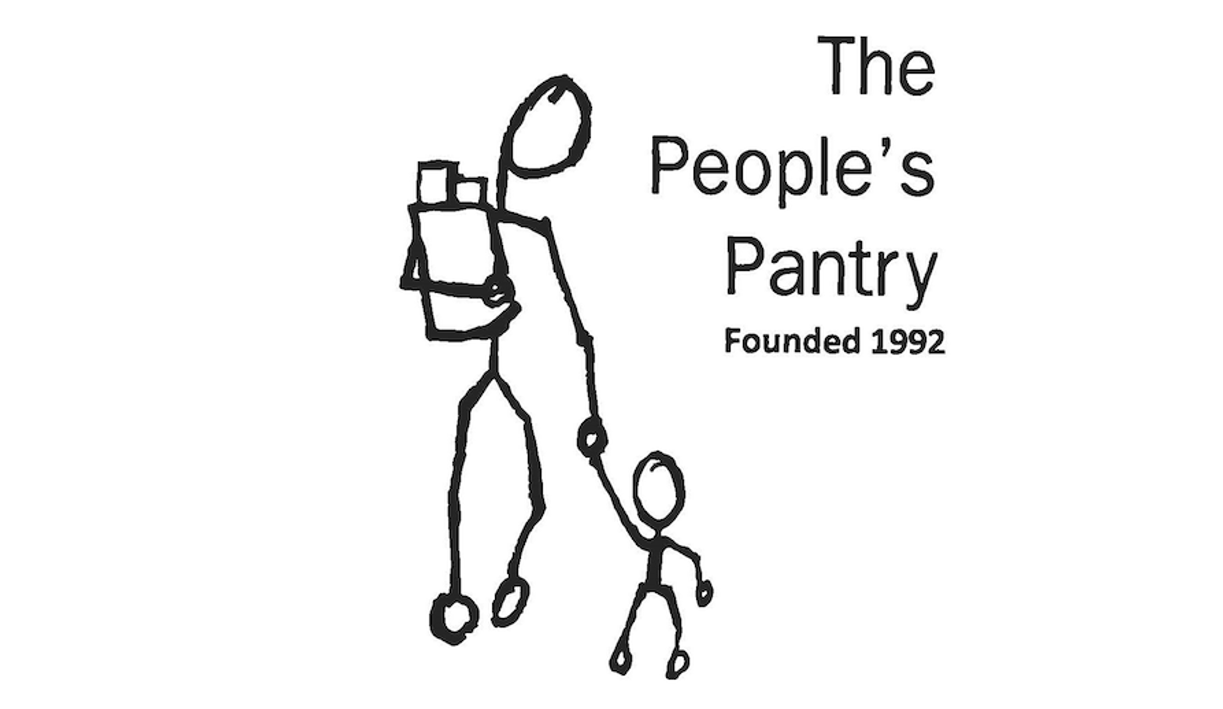 Stick figure of adult holding groceries and a child's hand