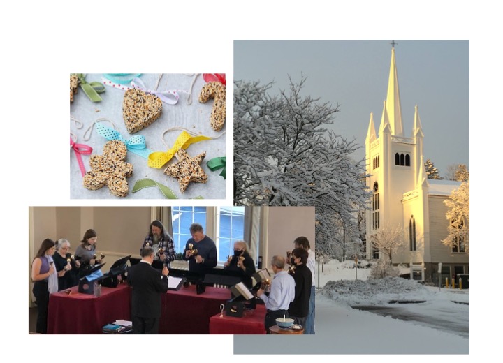 Seed cookies for birds, handbell rehearsal, winter scape outside the church