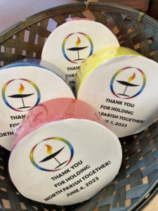Photo of gift rolls of duct tape with a label on them thanking volunteers for "holding North Parish together".