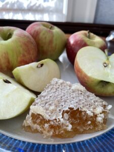 Photo of sliced apples next to a piece of honey comb