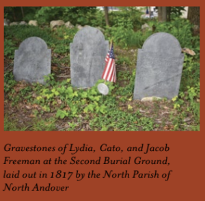 Photo of gravestones of Lydia, Cato, and Jacob Freeman at the Second Burial Ground laid out in 1817 by North Parish