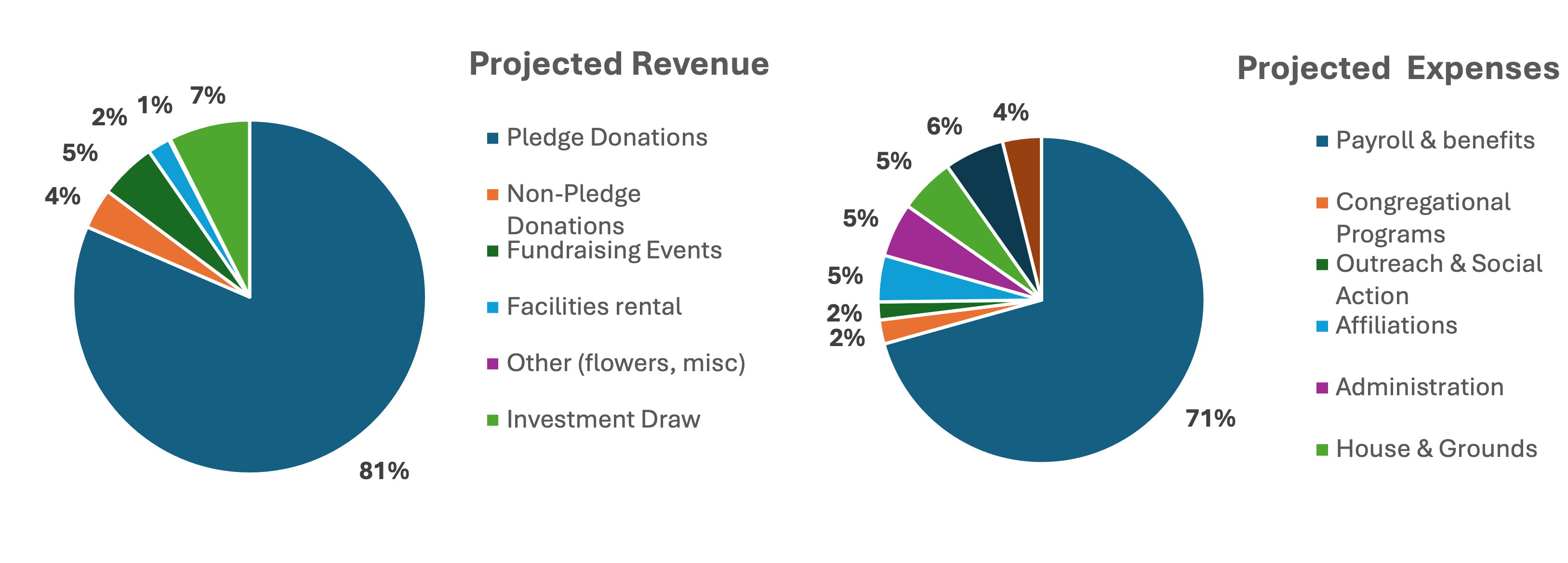 Expense and revenue pie charts showing percentage by category