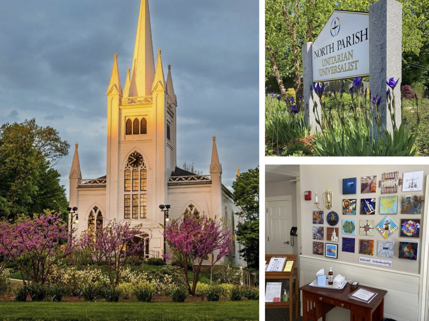 Cherry blossoms, iris, church profile and sign