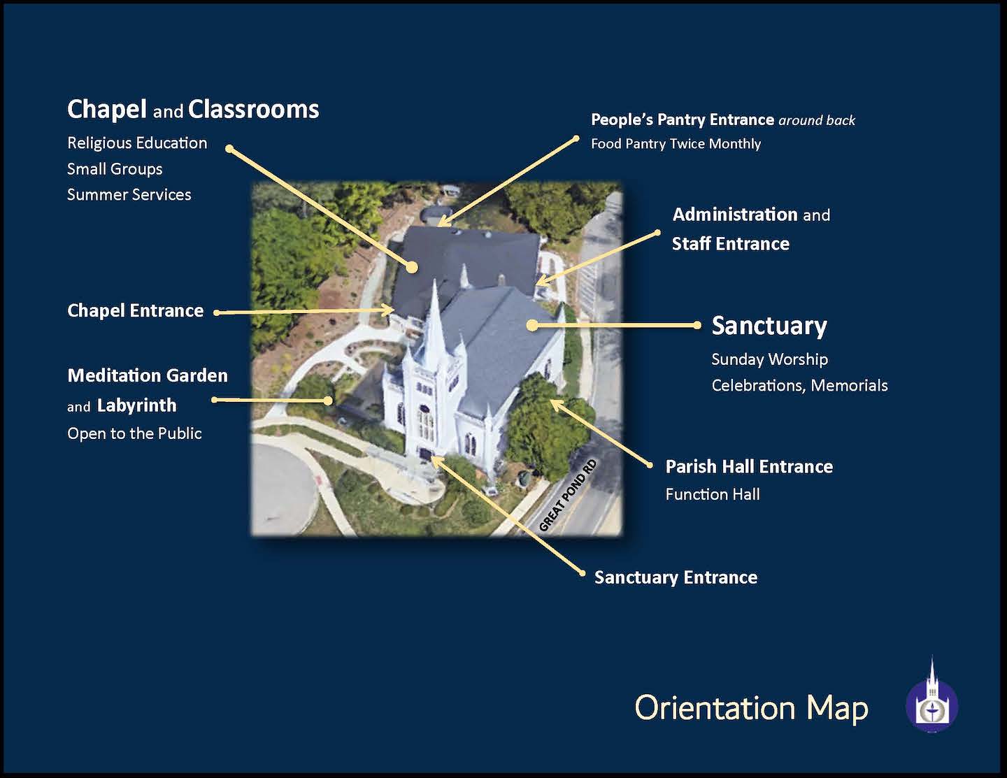 Aerial view of the Church Building showing locations and names of entrances