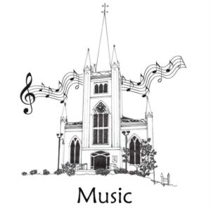 A line of music notation floating in the air behind a graphic image of the church