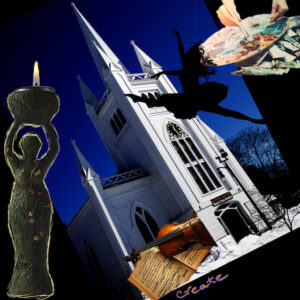 Collage image of the goddess, a violin and music, a dancer, a painter, superimposed on a photo of the church