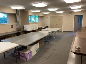 Looking into one door to the Flex Room, set up for People's Pantry food distribution