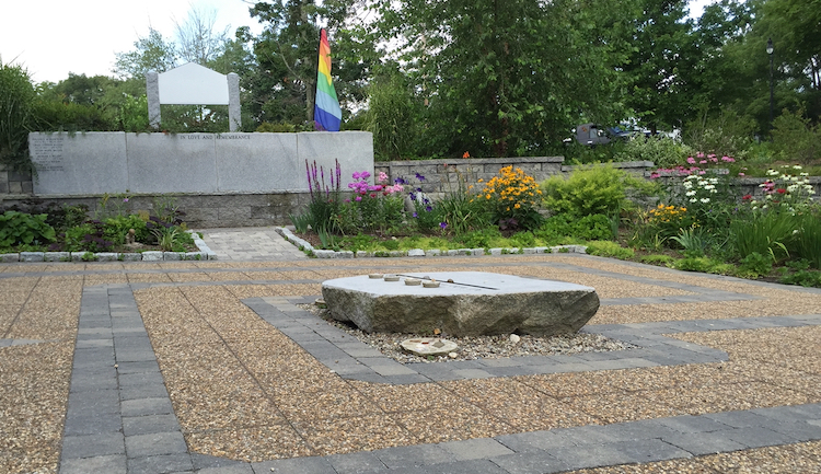 View across the labyrinth showing the Memorial Wall