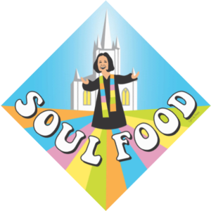 Graphic image of Rev. Lee , arms outstretched in front of the church with the title "Soul Food"