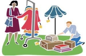 Graphic image of a yard sale - clothes on a rack, miscellaneous goods to browse, and two shoppers