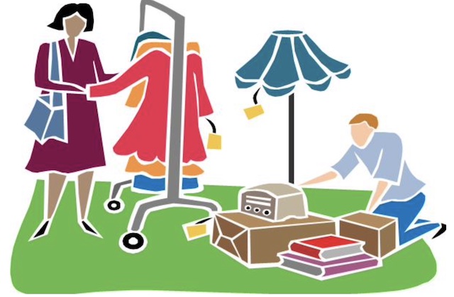 Colorful yard sale logo - clothes on a rack, miscellaneous goods to browse, and two shoppers